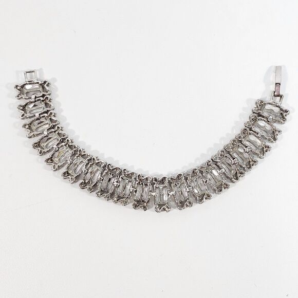 Vintage Clear Baguette Rhinestone Wide Link Bracelet 7 Inch - Picture 4 of 7